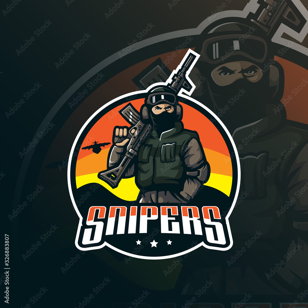 Fototapeta premium snipers mascot logo design vector with modern illustration concept style for badge, emblem and tshirt printing. snipers illustration with guns in hand.