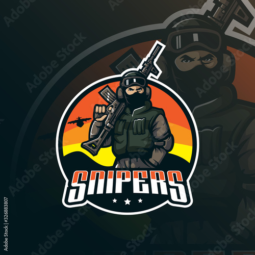 snipers mascot logo design vector with modern illustration concept style for badge, emblem and tshirt printing. snipers illustration with guns in hand.