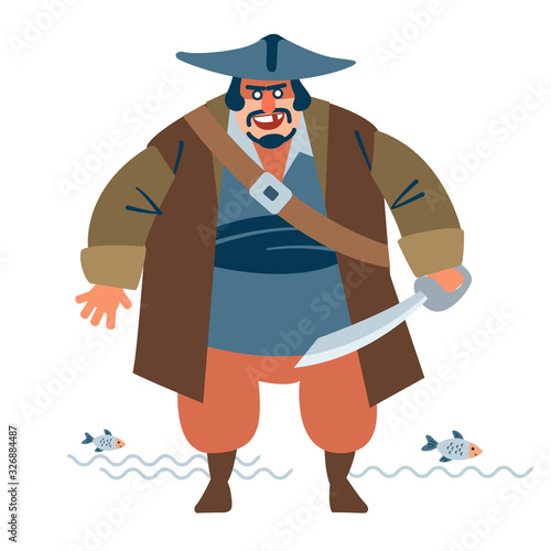 Big man dressed in pirate costume at carnival party, masquerade cartoon vector Illustration on a white background.