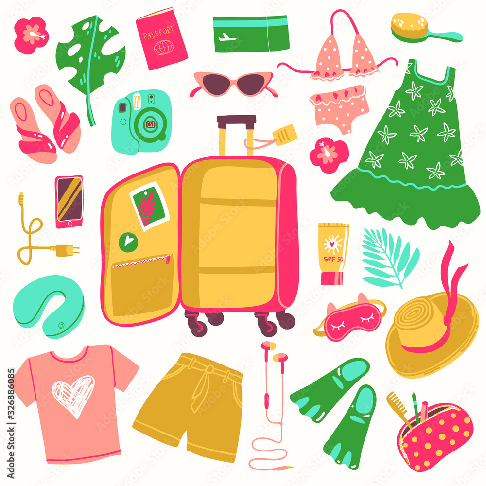 Travel illustrations elements, packing the suitcase on vacation at sea. Vector