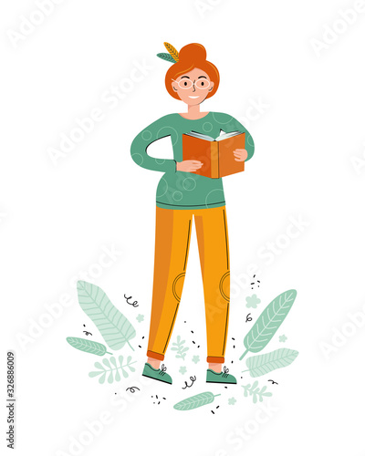 Literary fan. Smart woman with glasses is reading a book. Lovers of literature. Young woman with a book in her hand. Hand drawn cartoon character in a vector. Scandinavian flat illustration.