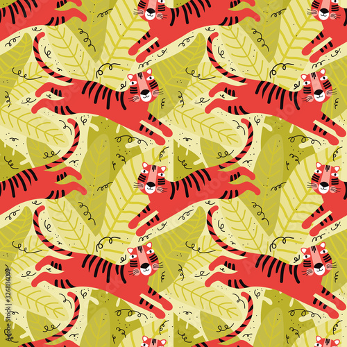 Seamless pattern cute tiger in the jungle. Funny cartoon character wild animal. Background cute wild cats in tropical leaves. Scandinavian style flat design. Rainforest, savannah animal. Zoo, safari.