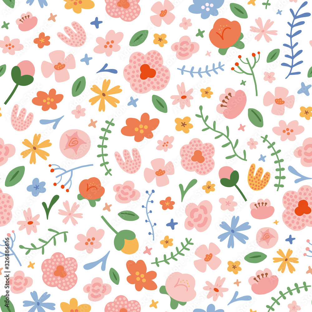 wall of flowers, seamless vector pattern made of various flower illustrations, wildflower, rose, peony and tulips, spring background. Blooming ornament, good as wall paper, wrapping or textile print