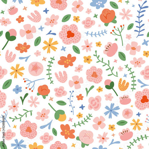 Wallpaper Mural wall of flowers, seamless vector pattern made of various flower illustrations, wildflower, rose, peony and tulips, spring background. Blooming ornament, good as wall paper, wrapping or textile print Torontodigital.ca