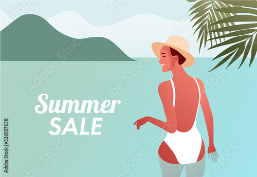  Summer sale design with sexy happy smiling girl in swimming suit going to swim in the sea. Beach landscape with mountain view and palm tropical leaves. Voucher discount.Vector illustration template.