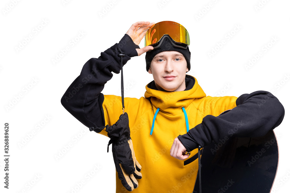 White isolated background with snowboard male snowboarder banner White isolated background with snowboard male snowboarder banner