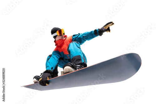 Bild auf Leinwand Portrait young man snowboarder jump on snowboard in sportswear isolated white ba