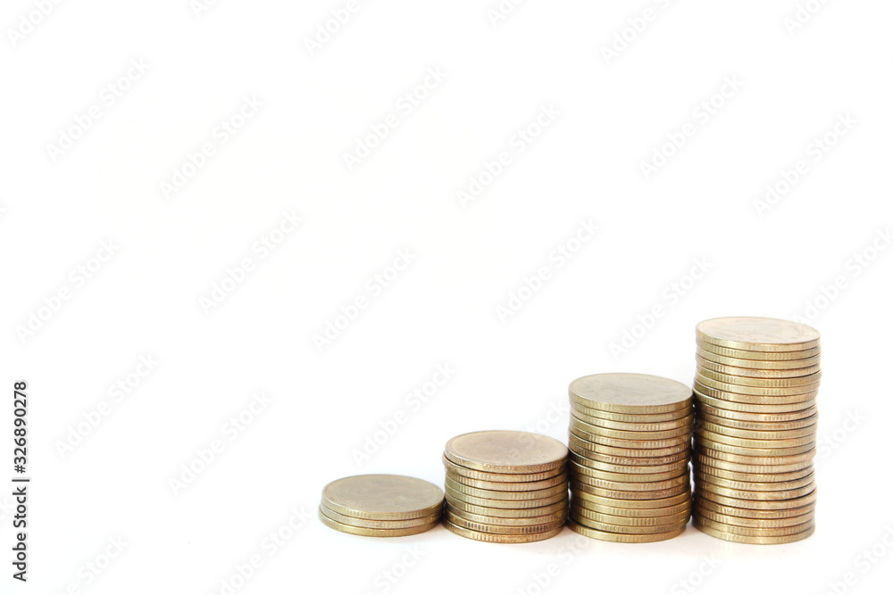 Increasing columns of gold coins isolated on white background Increasing columns of gold coins isolated on white background