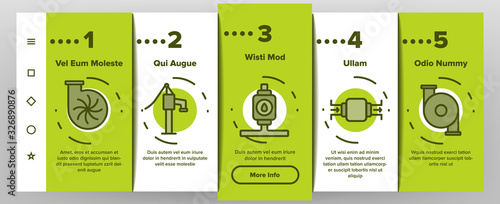 Water Pump Onboarding Icons Set Vector. Electric And Manual Water Pump, Turbine And Steel Pipe, Plumbing System Illustrations