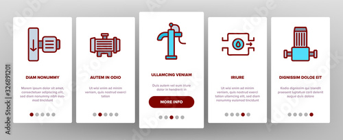 Water Pump Onboarding Icons Set Vector. Electric And Manual Water Pump, Turbine And Steel Pipe, Plumbing System Illustrations