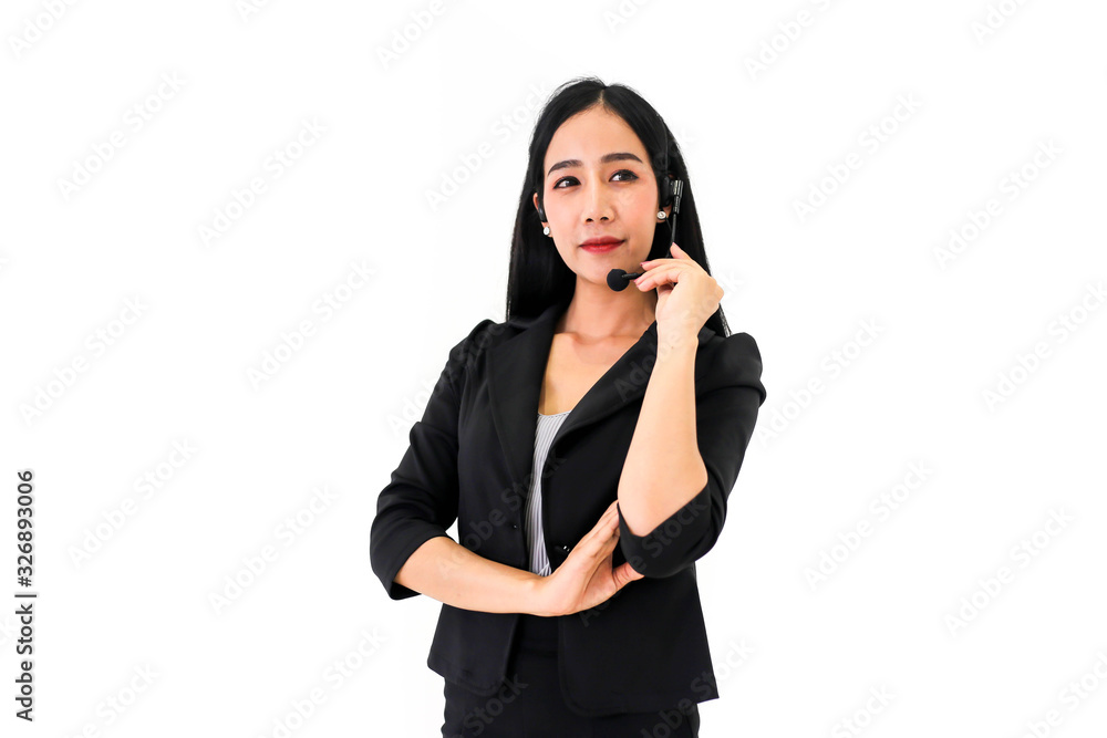 Asia call center workers or Confident business with headset,Customer support standing on white background. Asia call center workers or Confident business with headset,Customer support standing on white background.