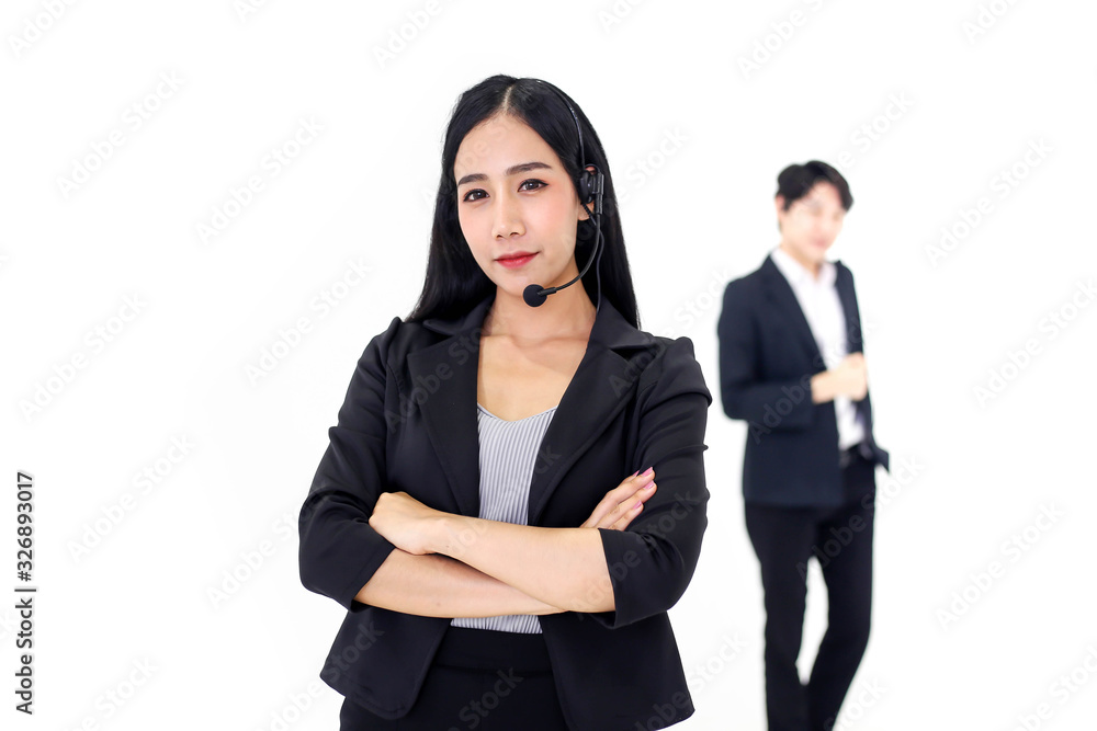 Couple Asia call center workers or Confident business  with headset,Customer support standing on white background.