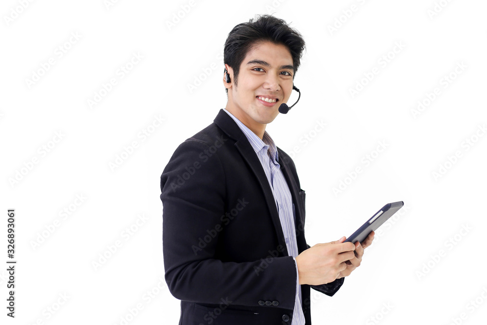 Asia call center workers or Confident business with headset,Customer support standing on white background. Asia call center workers or Confident business with headset,Customer support standing on white background.