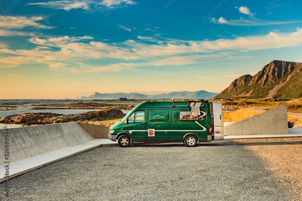 Sea coast and camper car, Andoya island Norway