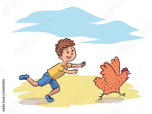 Misbehavior boy chase hen on farm yard.