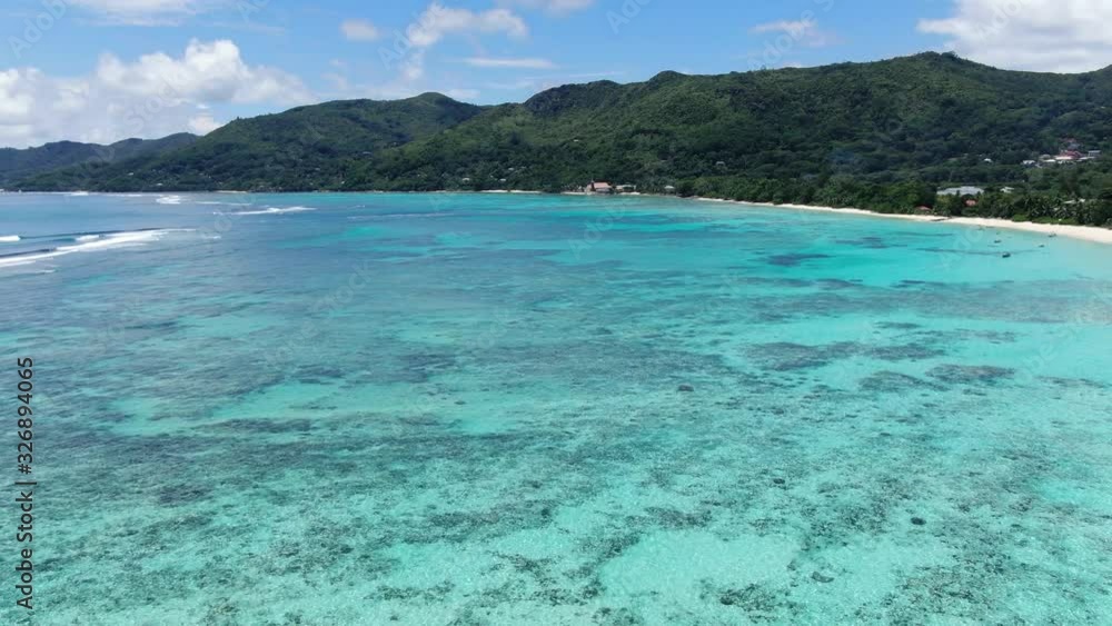 emeral ocean sea beach seychelles drone aerial view emeral ocean sea beach seychelles drone aerial view