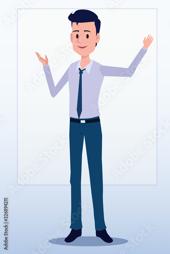 Business men Office cartoon characters. Standing persons. Business People at morning meeting. Illustration vector of discussion and talk, Board background.