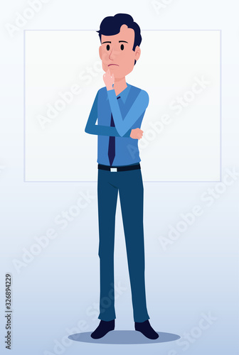 Business men Office cartoon characters. Standing persons. Business People at morning meeting. Illustration vector of discussion and talk, Board background.