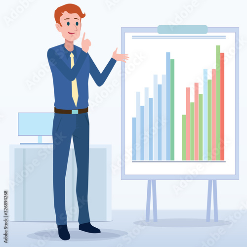 Business men Office cartoon characters. Standing persons. Business People at morning meeting. Illustration vector of discussion and talk, Board background.
