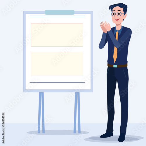 Business men Office cartoon characters. Standing persons. Business People at morning meeting. Illustration vector of discussion and talk, Board background.