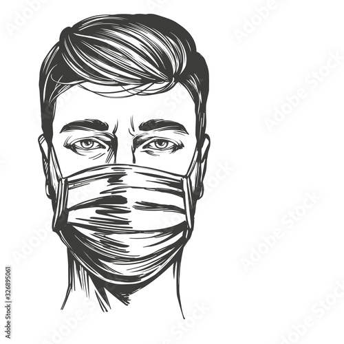 coronavirus is a dangerous disease, a man in a mask, a respirator, protection from the virus. hand drawn vector illustration sketch