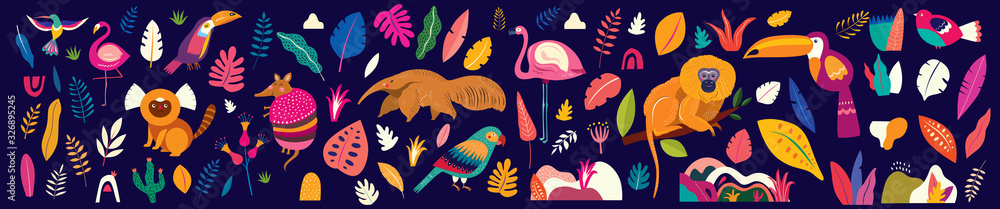 Animals big collection. Animals of Brazil. Vector colorful set of illustrations with tropical flowers, leaves, monkey, flamingo, anteater and birds. Brazil tropical pattern. Rio de janeiro pattern,.