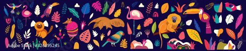 Fototapeta Duża kolekcja zwierząt. Zwierzęta Brazylii. Wektor kolorowy zestaw ilustracji z tropikalnymi kwiatami, liśćmi, małpą, flamingiem, mrówkojadem i ptakami. Brazylia tropikalny wzór. Wzór Rio de Janeiro.