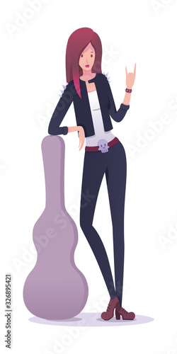 Woman rocker with guitar in case isolated on white