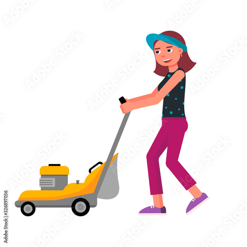 Cartoon friendly smiling young woman with lawn mower isolated on white. Gardening and landscape design. Female gardener working with garden equipment. Vector flat cutout illustration.