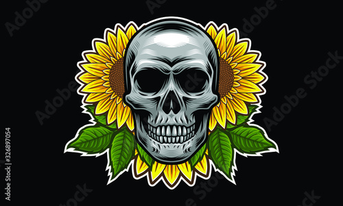 Skull with sunflowers and leaves vector illustration isolated on black background