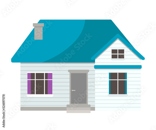 Small blue suburban house isolated on white background
