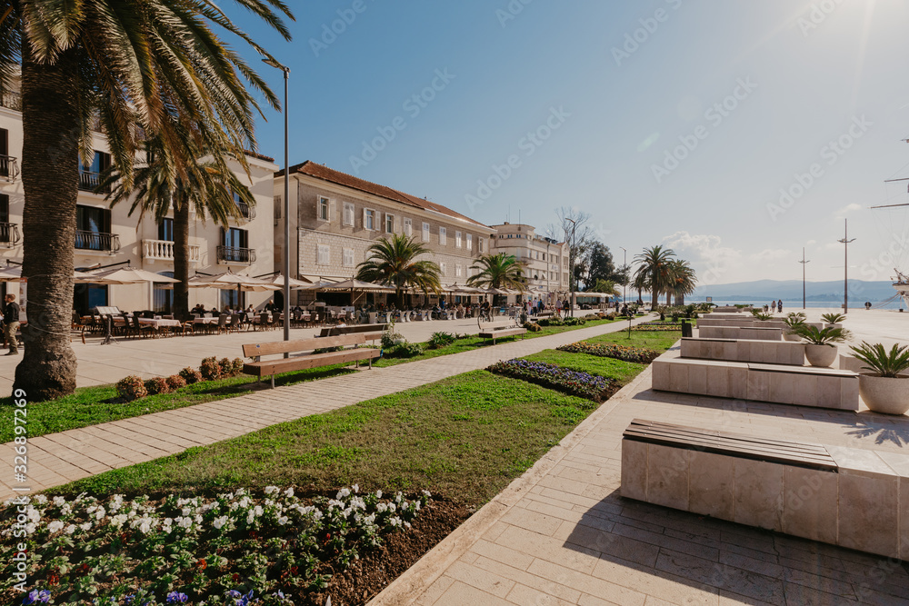 Fototapeta premium 9 Nov 2018 Beautiful sea promenade in Tivat, Montenegro. Kotor bay, Adriatic sea. Famous travel destination. - Image