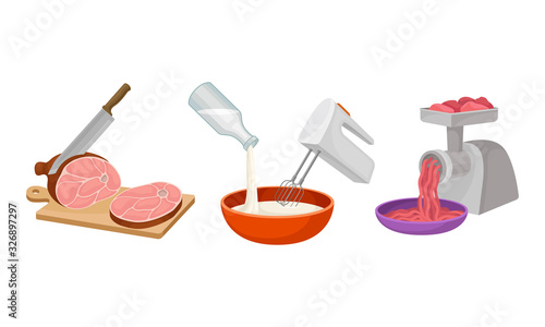 Cooking Process with Cutting Ham and Doing Forcemeat Vector Set
