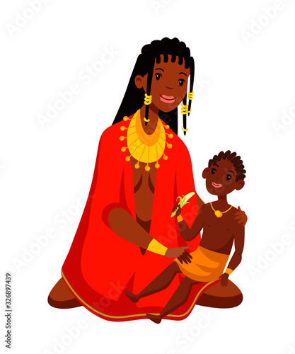 Tribal woman mother with son isolated on white
