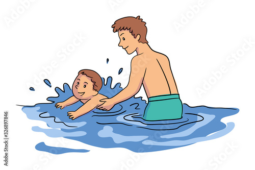 Father teaching son to swim in pool, sea or river