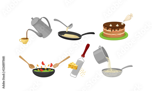 Cooking Process with Mixing Salad, Making Pancakes and Grating Cheese Vector Set