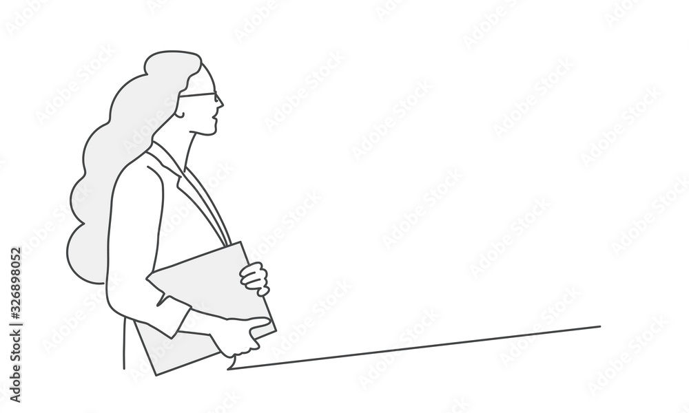 Business woman with folder. Profile. Hand drawn vector illustration.
