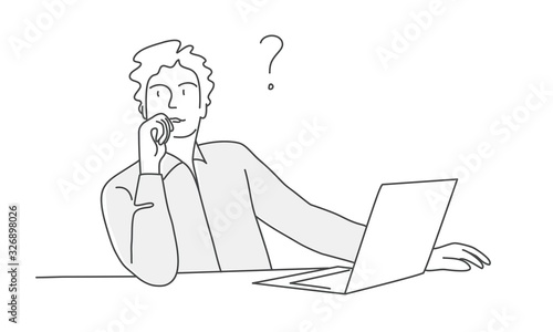 Thinking man sitting at the table with laptop and question mark. Hand drawn vector illustration