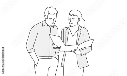 Man and woman discussing work. Hand drawn vector illustration.