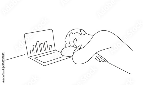 Tired businessman sleeping sleeping at the table with laptop. Hand drawn vector illustration.