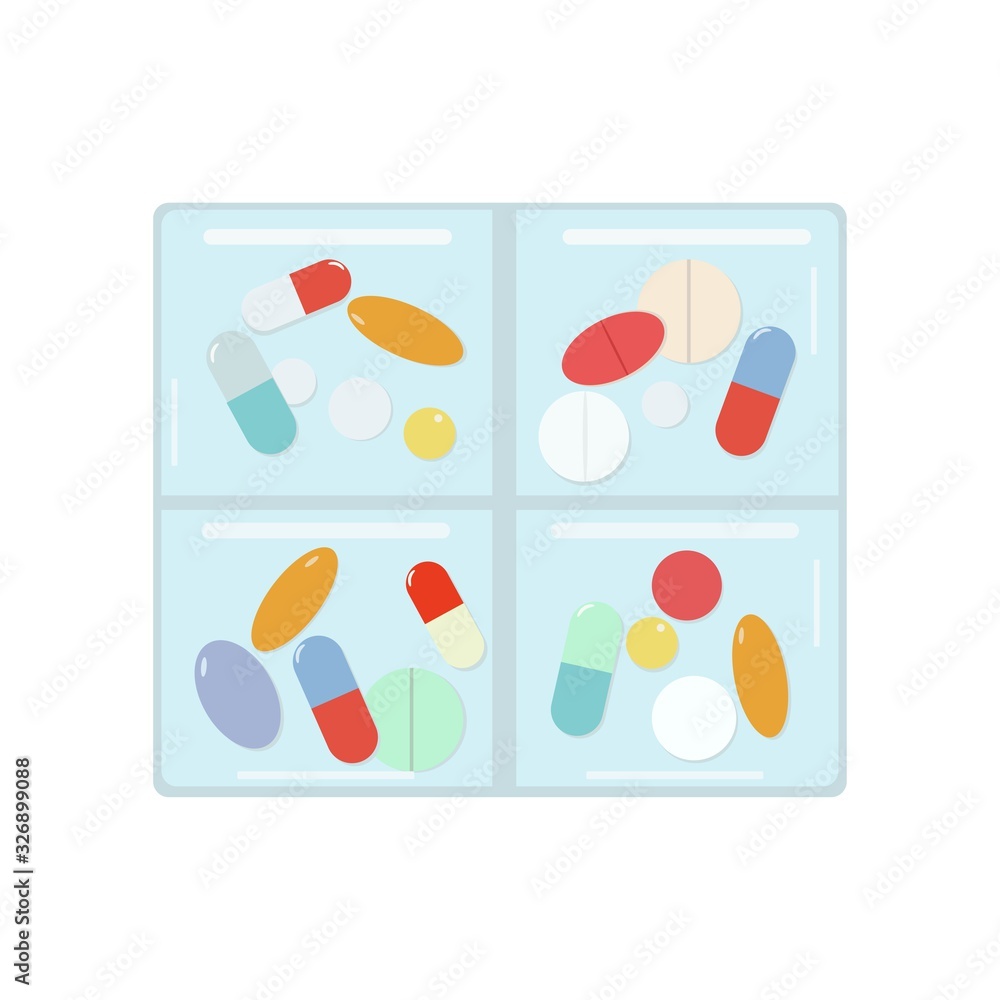 Pill box for capsules, tablets, medicine. Medicine organizer. Daily use. Medicine organizer concept in a flat style. Vector illustration. Pill box for capsules, tablets, medicine. Medicine organizer. Daily use. Medicine organizer concept in a flat style. Vector illustration.