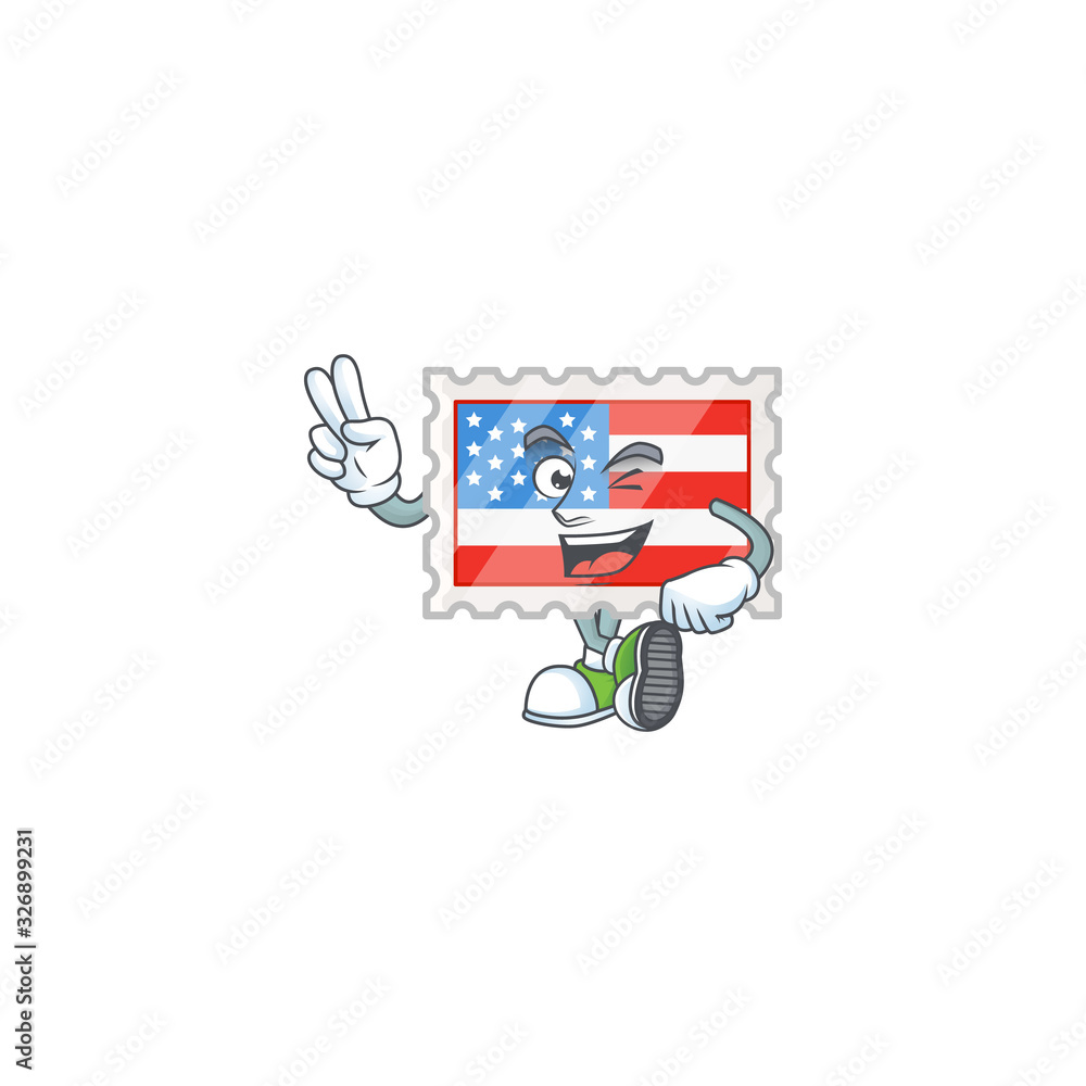 Cute cartoon mascot picture of independence day stamp with two fingers