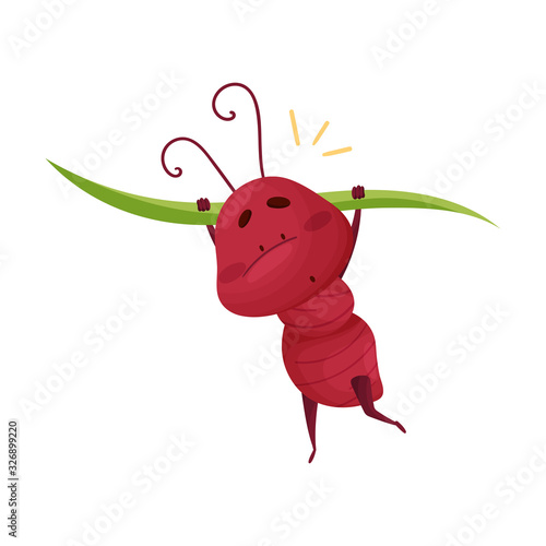 Cute Ant Character Carrying Green Grass Blade Vector Illustration