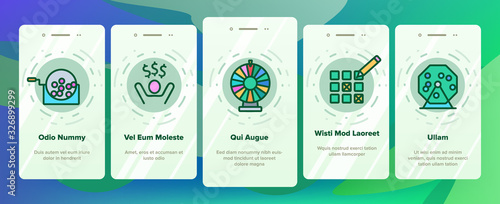 Raffle Gamble Lottery Onboarding Icons Set Vector. Raffle Ticket And Drum, Loto Balls And Money Bag, Bingo Winner And Prize Illustrations