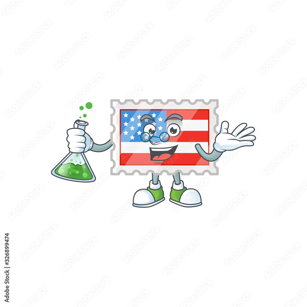 A genius Professor independence day stamp cartoon character with glass tube