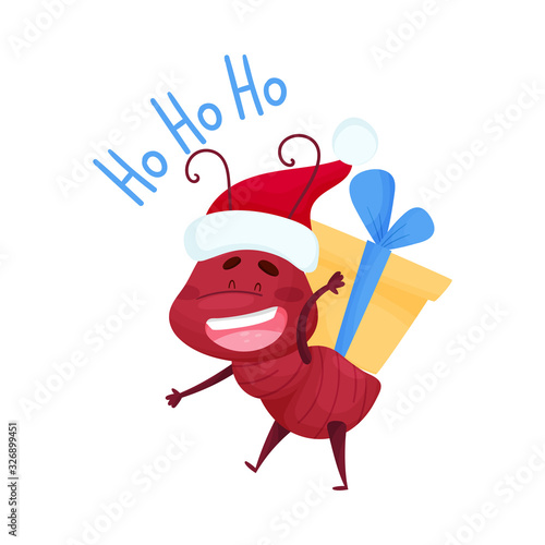 Cute Ant Character Wearing Santas Hat and Carrying Gift Box on His Back Vector Illustration