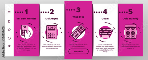 Raffle Gamble Lottery Onboarding Icons Set Vector. Raffle Ticket And Drum, Loto Balls And Money Bag, Bingo Winner And Prize Illustrations