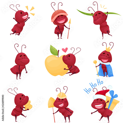 Cute Ant Character Carrying Grass Blade and Embracing Apple Vector Illustrations Set