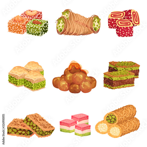 Arabic Sweets with Famous Baklava and Rahat Lakoum Vector Set