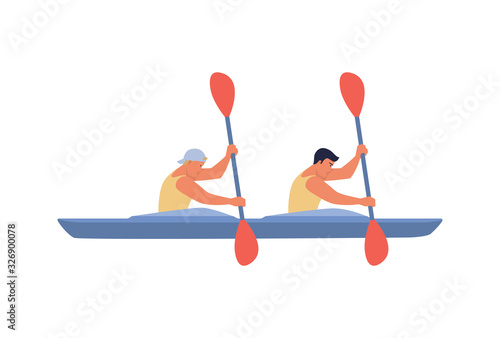 Two rowers swim in a boat. Vector illustration in flat design style, the concept of water sports, boating.